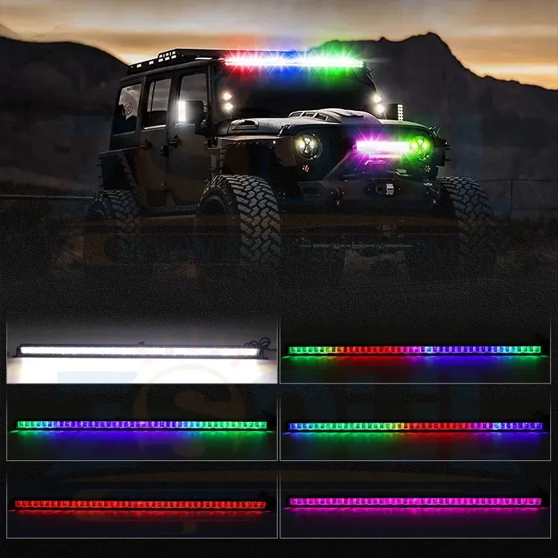 Off-road truck with colorful rooftop light bars above two long LED light bars on white background