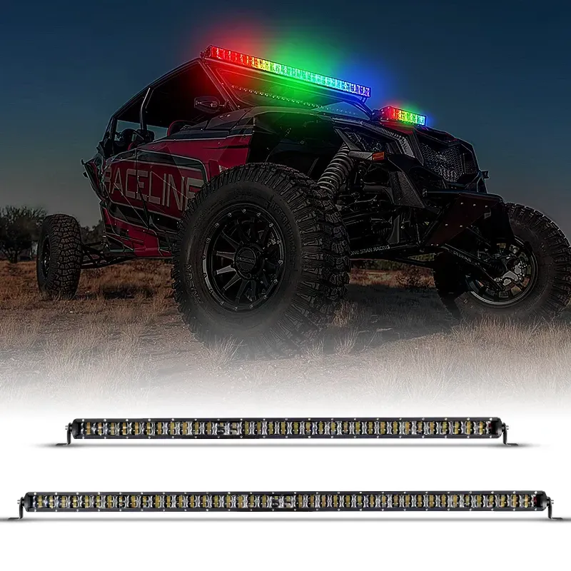 Off-road truck with colorful rooftop light bars above two long LED light bars on white background