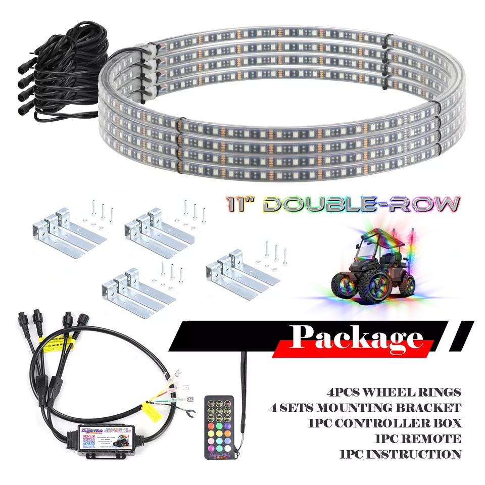 LED strip light kit with double-row strip, controller, mounting brackets, remote, and app control package