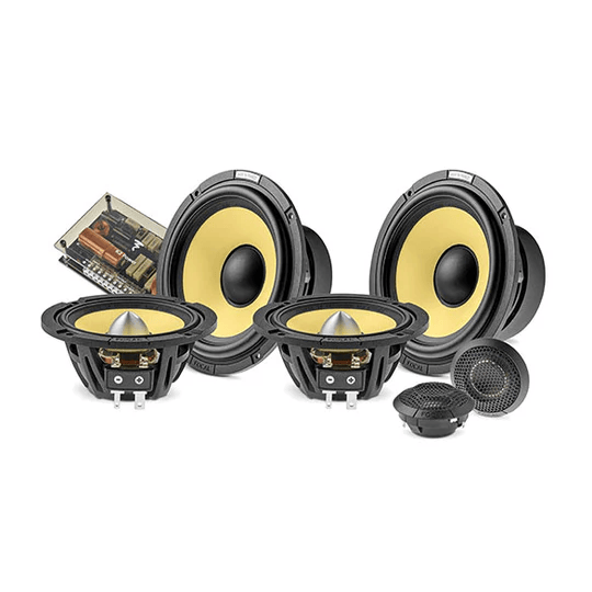 Car audio speaker set with two large yellow woofers, two small tweeters, and crossovers on white background