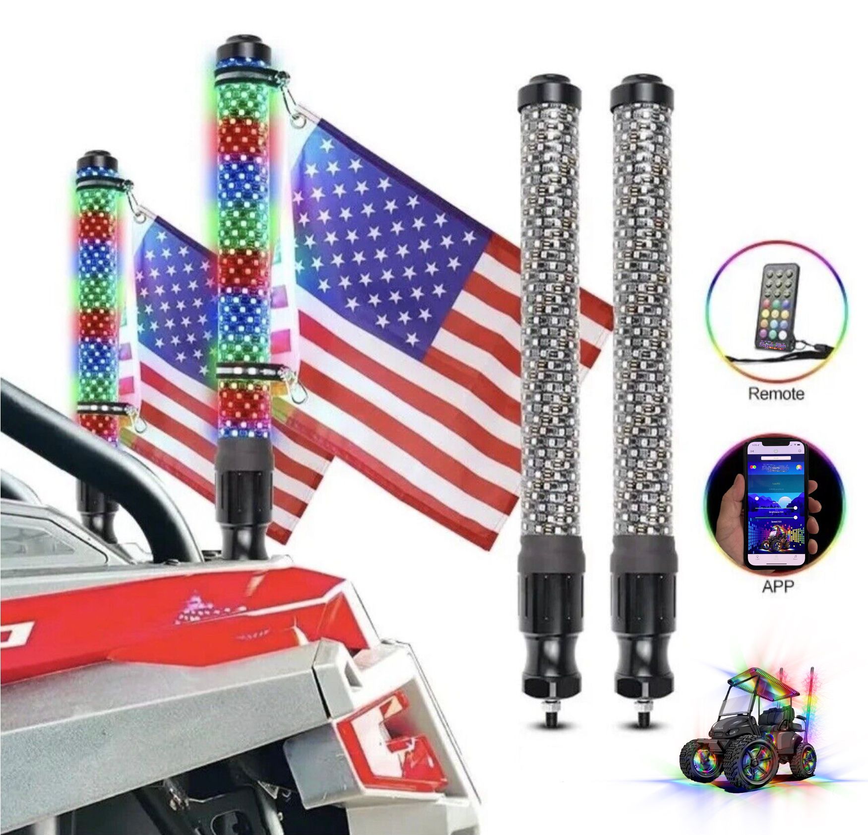 LED RGB off-road truck cab lights with an American flag display and remote app control shown.