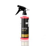 Black spray bottle with red accents and trigger nozzle, labeled “spray wax” on a white background
