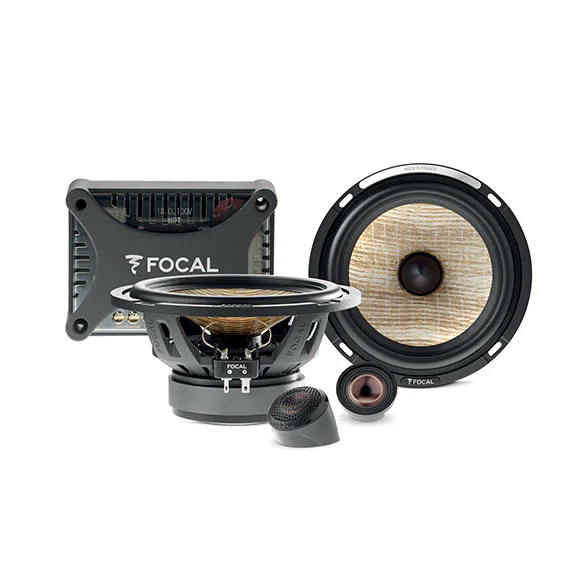 Focal car audio speaker set with subwoofer, tweeter, and amplifier on a white background