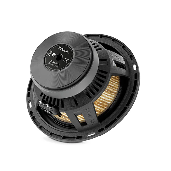 Focal car audio speaker set with subwoofer, tweeter, and amplifier on a white background