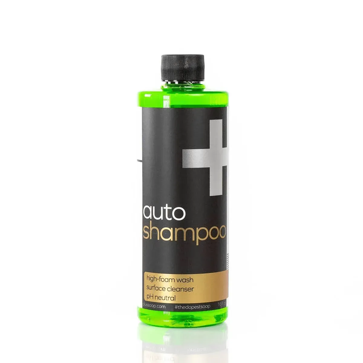 Black and neon green auto shampoo bottle with a silver plus sign on a white background