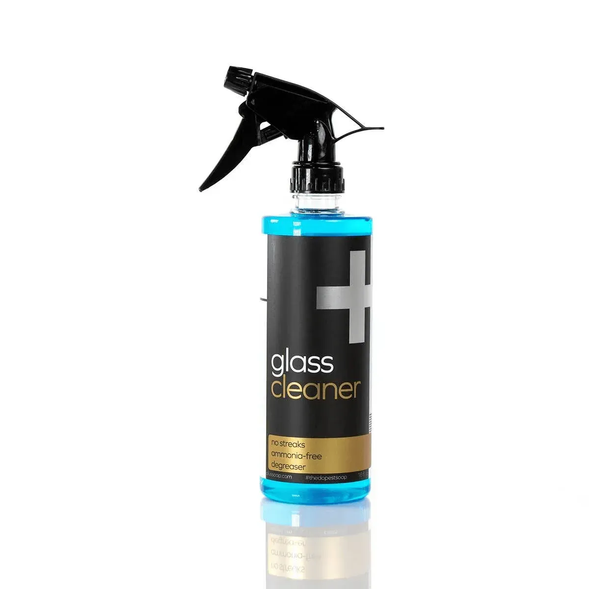 Black glass cleaner spray bottle with blue accents on a white background