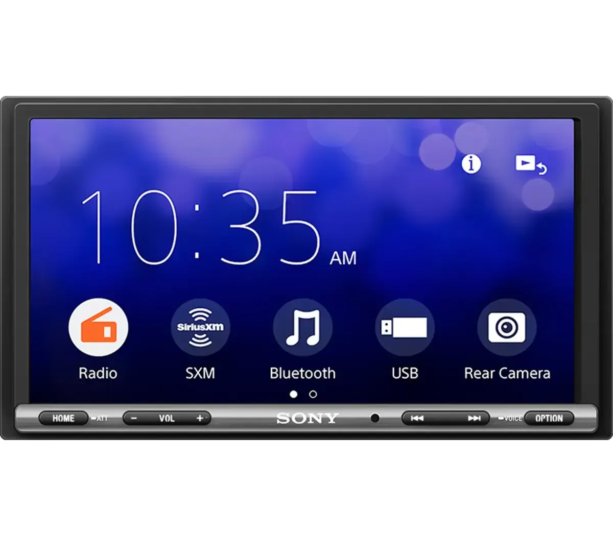 Sony car stereo touchscreen with radio, SXM, Bluetooth, USB, and rear camera icons