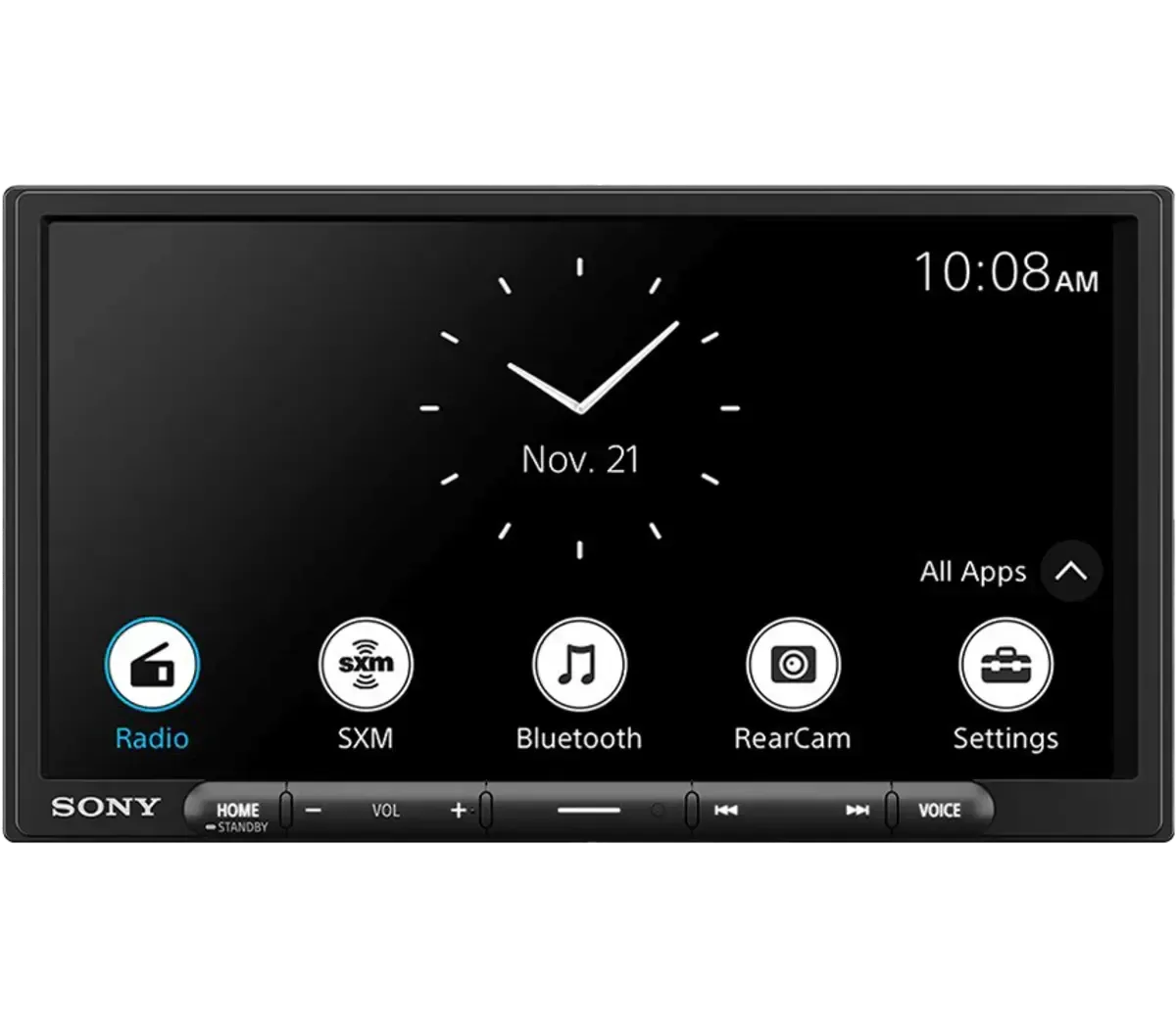 Sony in-dash touchscreen showing clock and app icons on a dark home screen