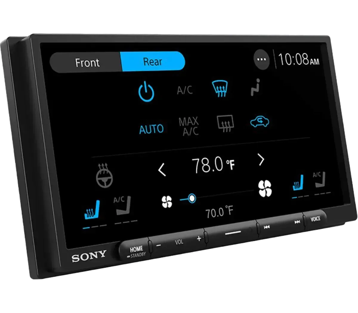Sony in-dash touchscreen showing clock and app icons on a dark home screen