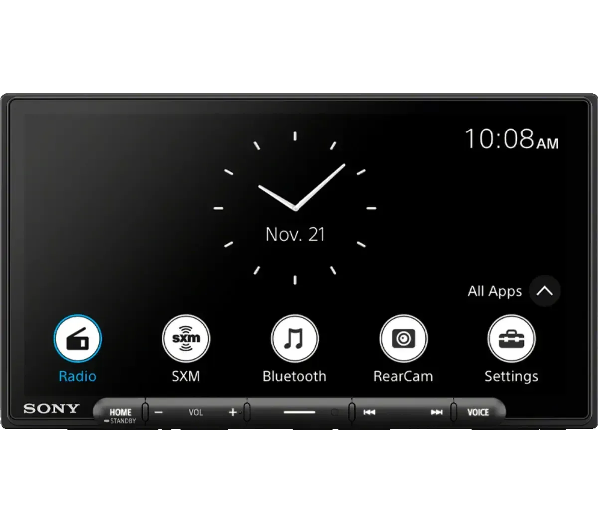 Car dashboard touchscreen with clock, date, and icons for Radio, SiriusXM, Bluetooth, RearCam, and Settings