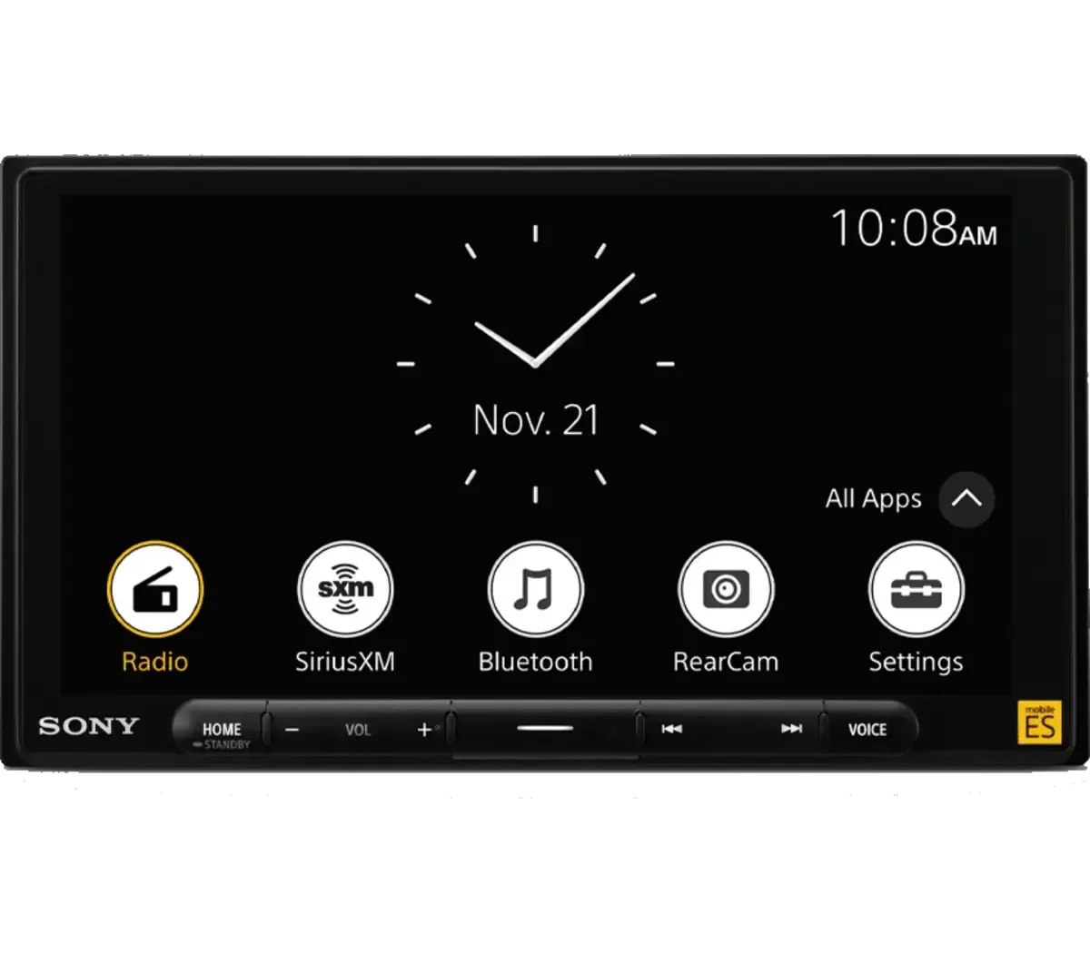 Sony car stereo touchscreen home menu with radio, SiriusXM, Bluetooth, rear cam, and settings icons