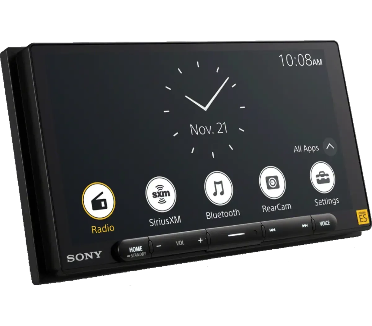 Sony car stereo touchscreen home menu with radio, SiriusXM, Bluetooth, rear cam, and settings icons