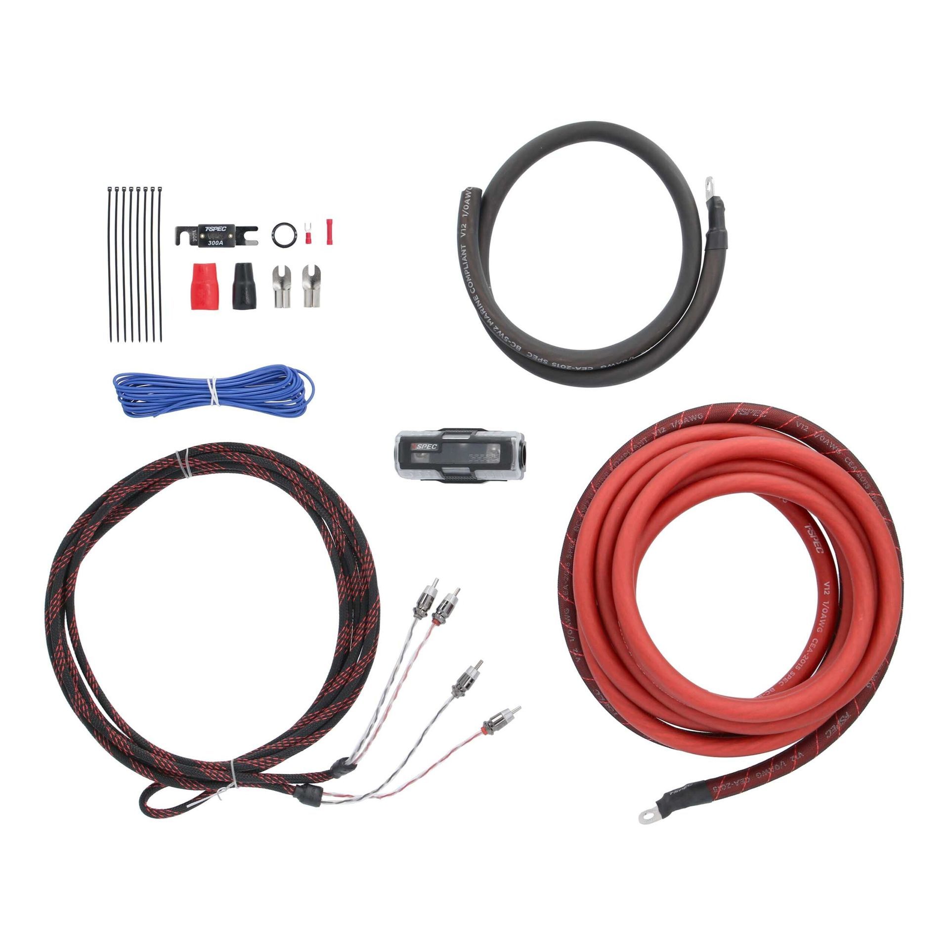 Cable accessories kit with red, black, and blue cables, clips, connectors, and small tools on white background