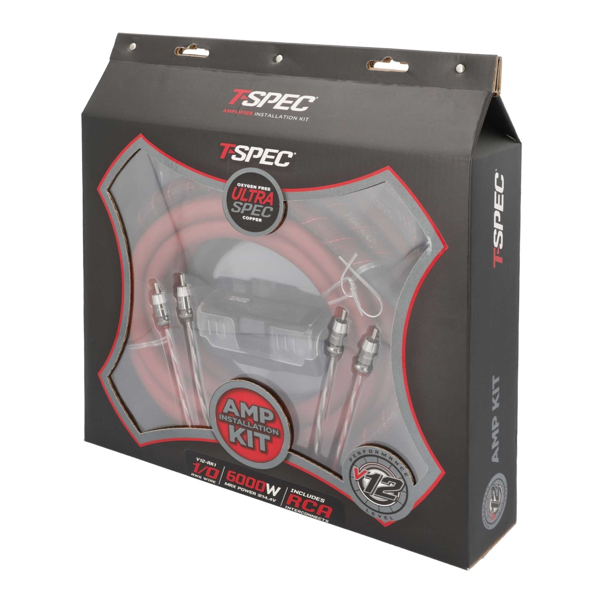 Car wiring kit with red and black cables, connectors, fuses, and tools arranged on white background