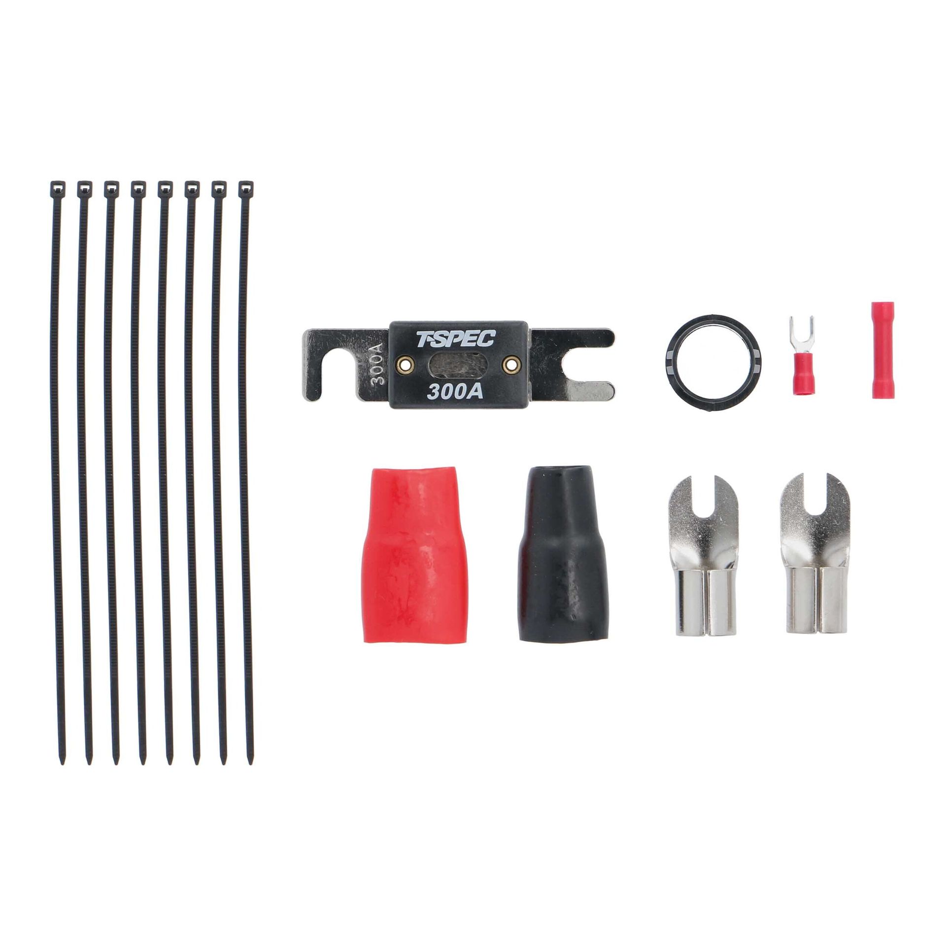 Cable accessories kit with red, black, and blue cables, clips, connectors, and small tools on white background