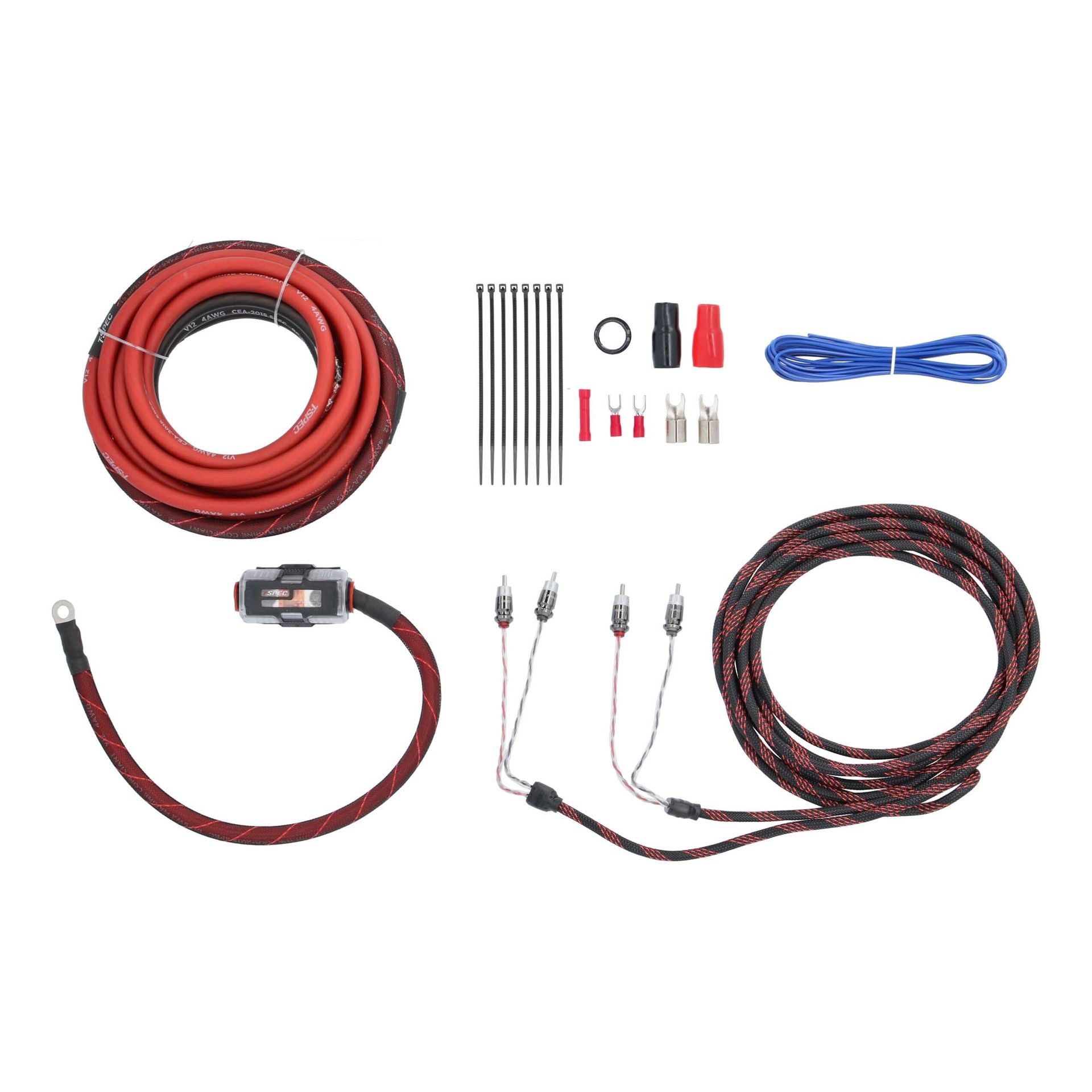 Car wiring kit with red and black cables, connectors, fuses, and tools arranged on white background