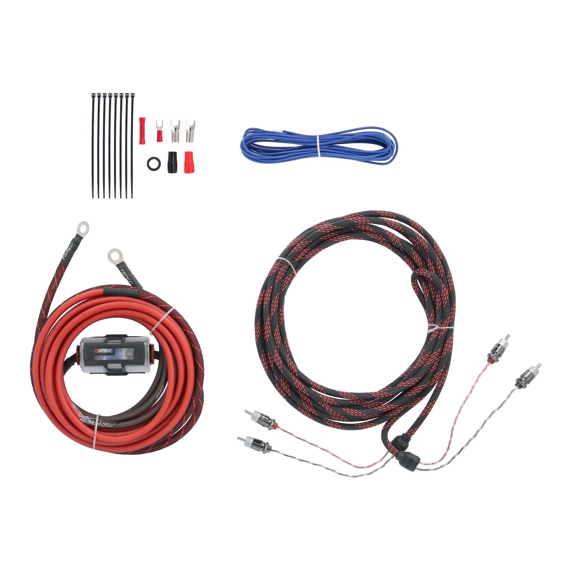 Assorted wiring kit with red and black cables, blue wire, clips, connectors, and zip ties on white background