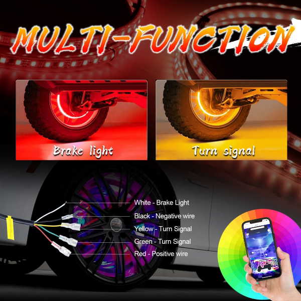 LED wheel light rings in rainbow colors with phone app remote, labeled 11 inch and 58.5W.