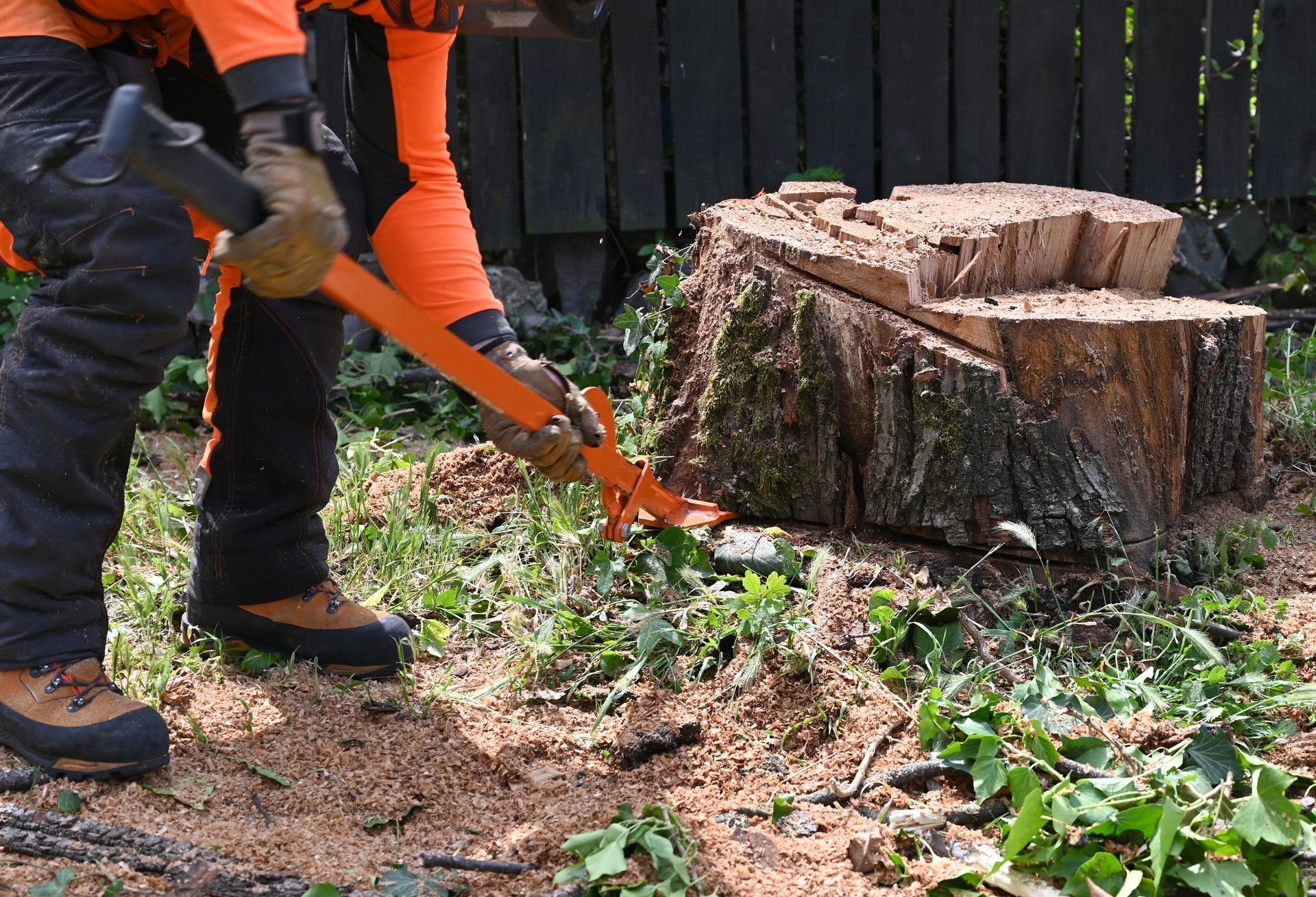 A man is removing a tree stump.