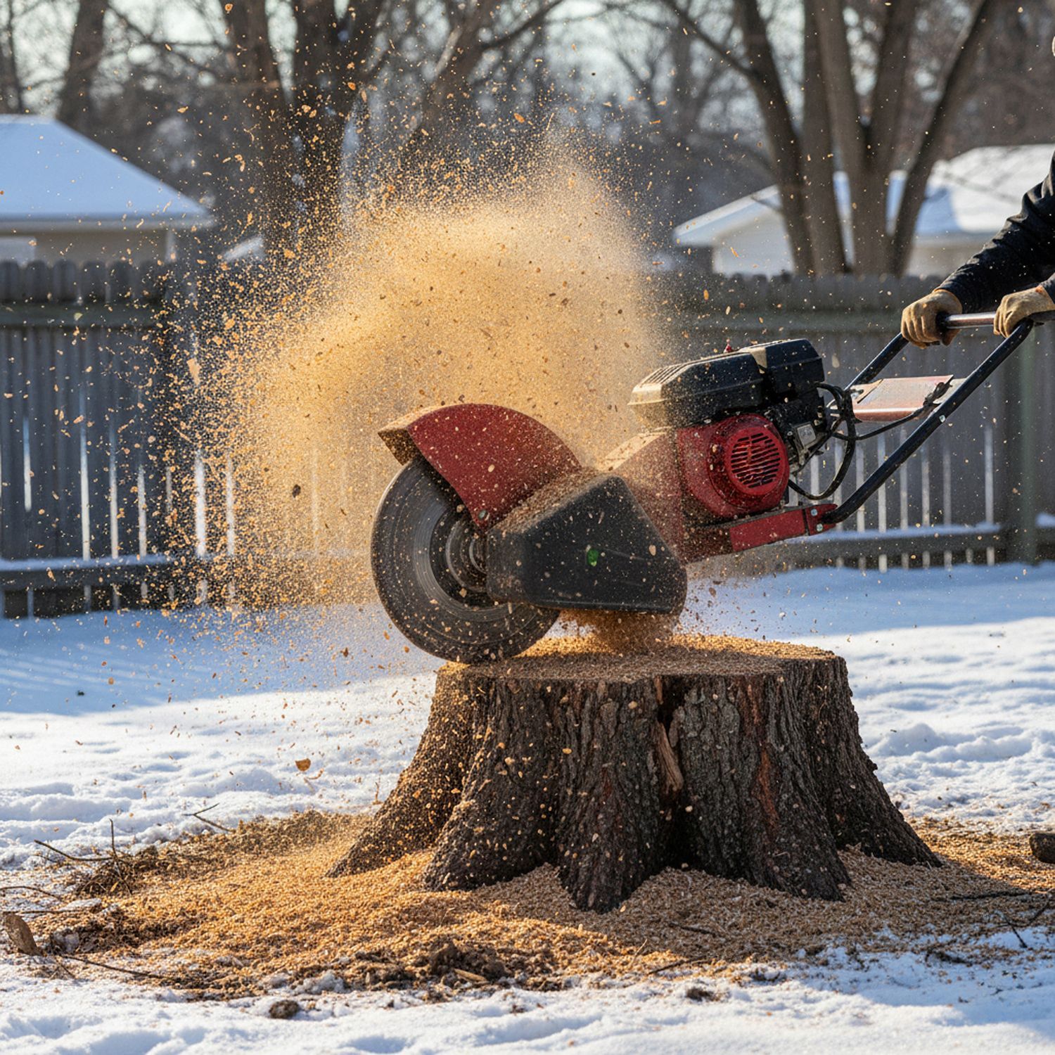 Stump grinder machine shredding a tree stump, sending wood chips flying. Stump grinder machine shredding a tree stump, sending wood chips flying.