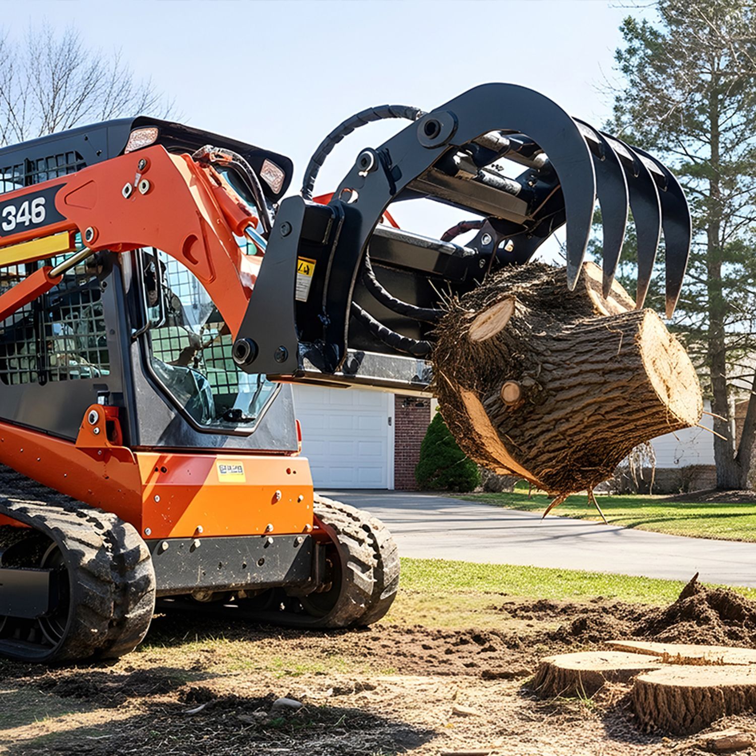 Skid steer with grapple attachment lifting a large tree stump from a yard. Skid steer with grapple attachment lifting a large tree stump from a yard.