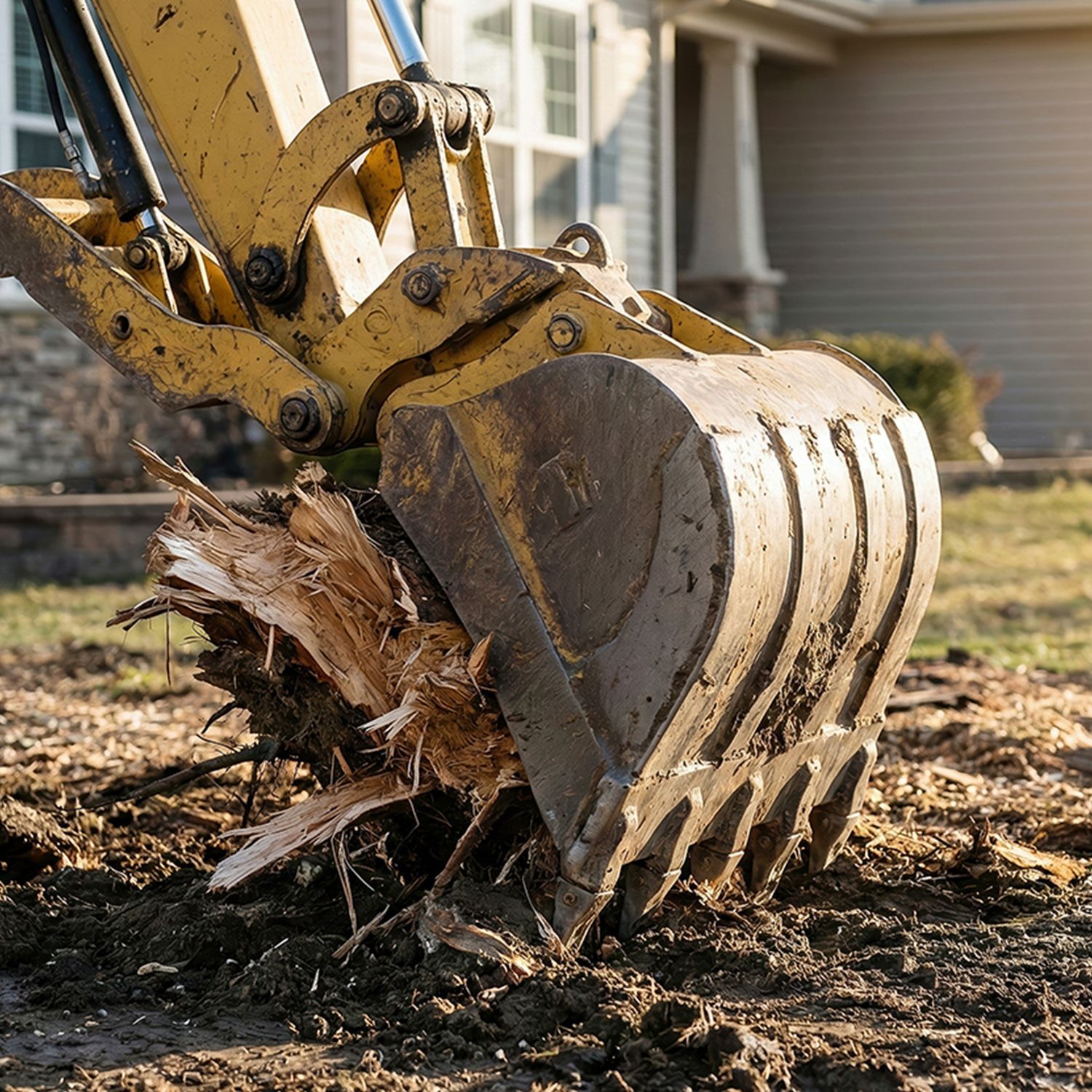 Excavator bucket digging out a tree stump and roots from a residential yard. Excavator bucket digging out a tree stump and roots from a residential yard.