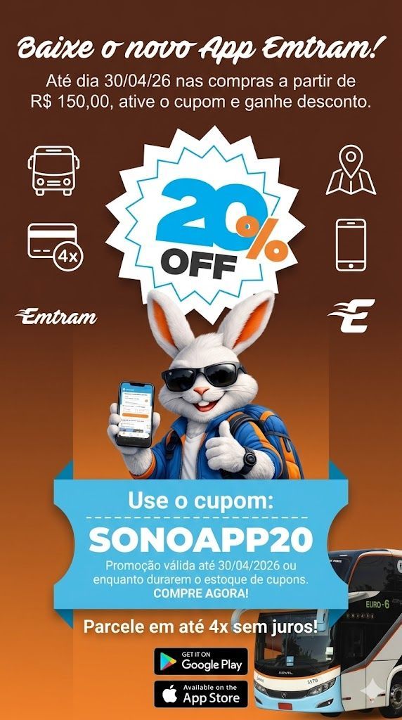 Um coelho de desenho animado usando óculos de sol segura um telefone para um aplicativo da Emtram com 20% de desconto