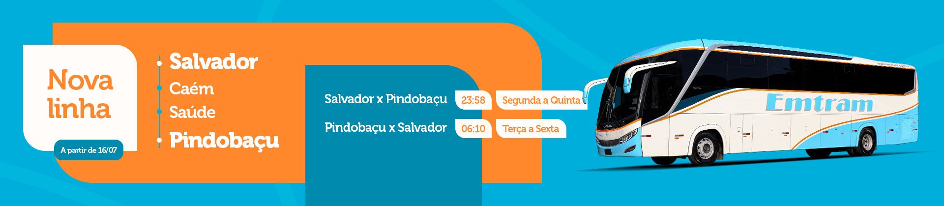 Anúncio em vinil laranja e azul para ônibus da Nova Linha, com detalhes da rota e um ônibus à direita.