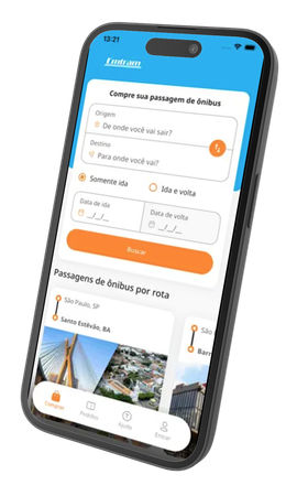 Um smartphone exibe um aplicativo de reserva de viagens com campos de busca para passagens de ônibus