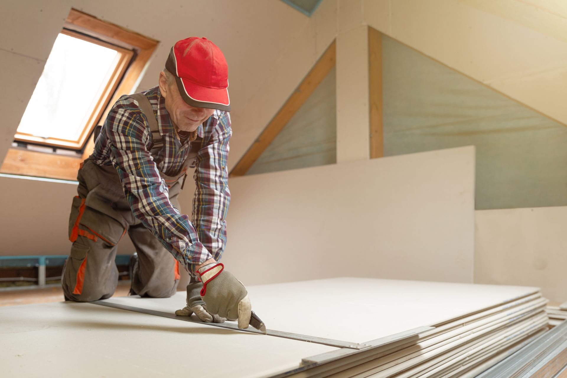 A man is measuring a piece of drywall in an attic.