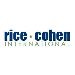 Logo for Rice Cohen International in navy and teal with the text 