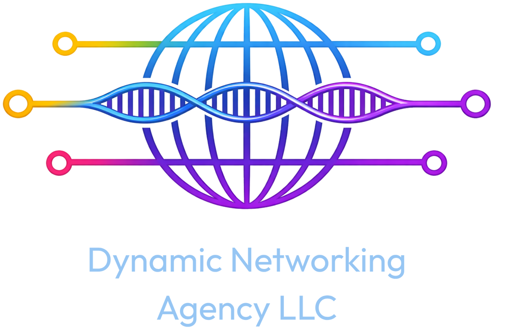Logo: A gradient-colored DNA strand centered over a globe, flanked by horizontal circuit lines, above the company name.