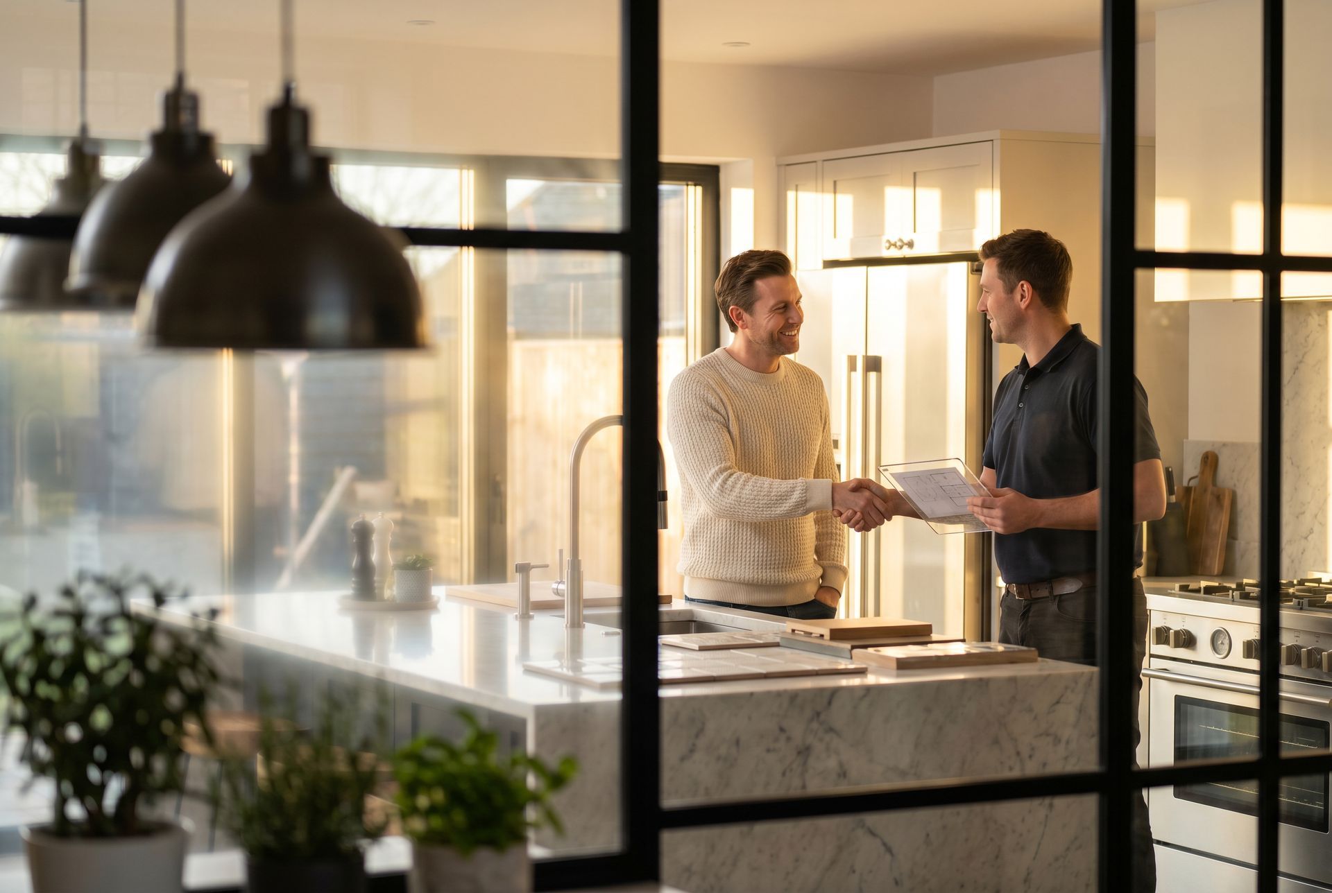 Homeowner and contractor shaking hands in a modern kitchen during renovation Homeowner and contractor shaking hands in a modern kitchen during renovation.