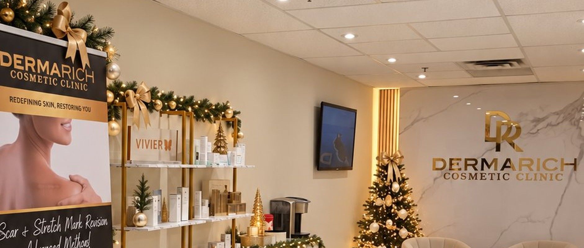 DermaRich Cosmetic Clinic interior with Christmas garland, product shelves, Christmas tree and logo