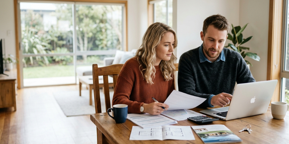 Two people review papers and a laptop at a dining table in a bright home interior.