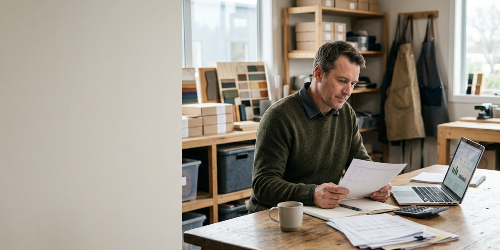 Self-employed New Zealand business owner reviewing financial documents while preparing for a home lo
