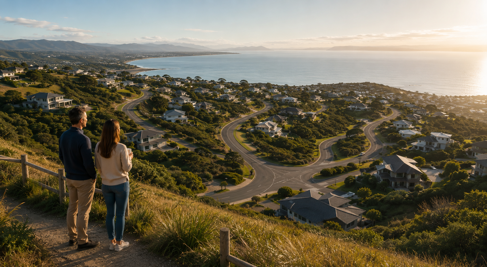 Two people on a deck overlooking a coastal bay at sunrise, with hills and water in the distance
