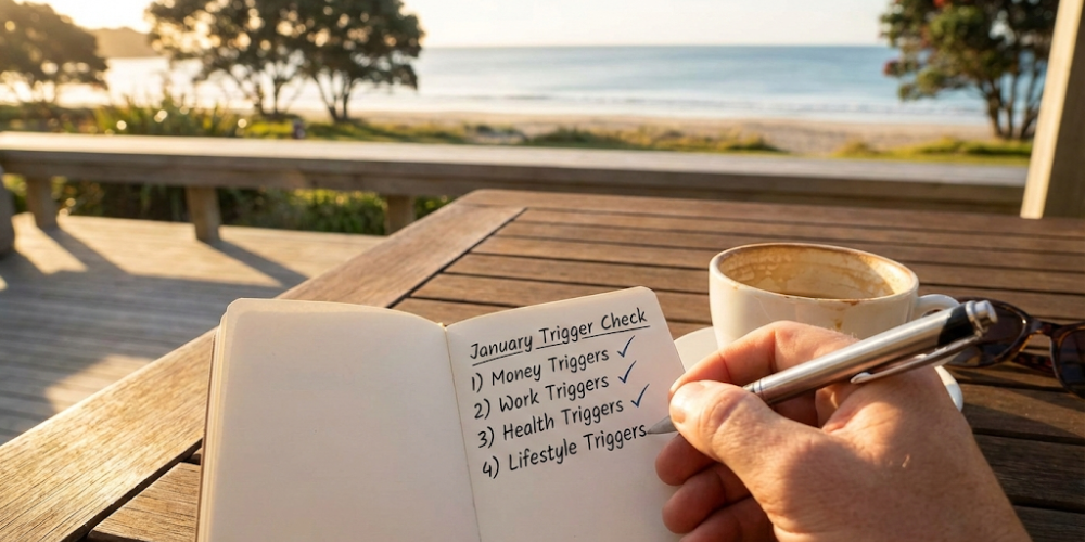 Hand writing in notebook with checklist, coffee and ocean view.