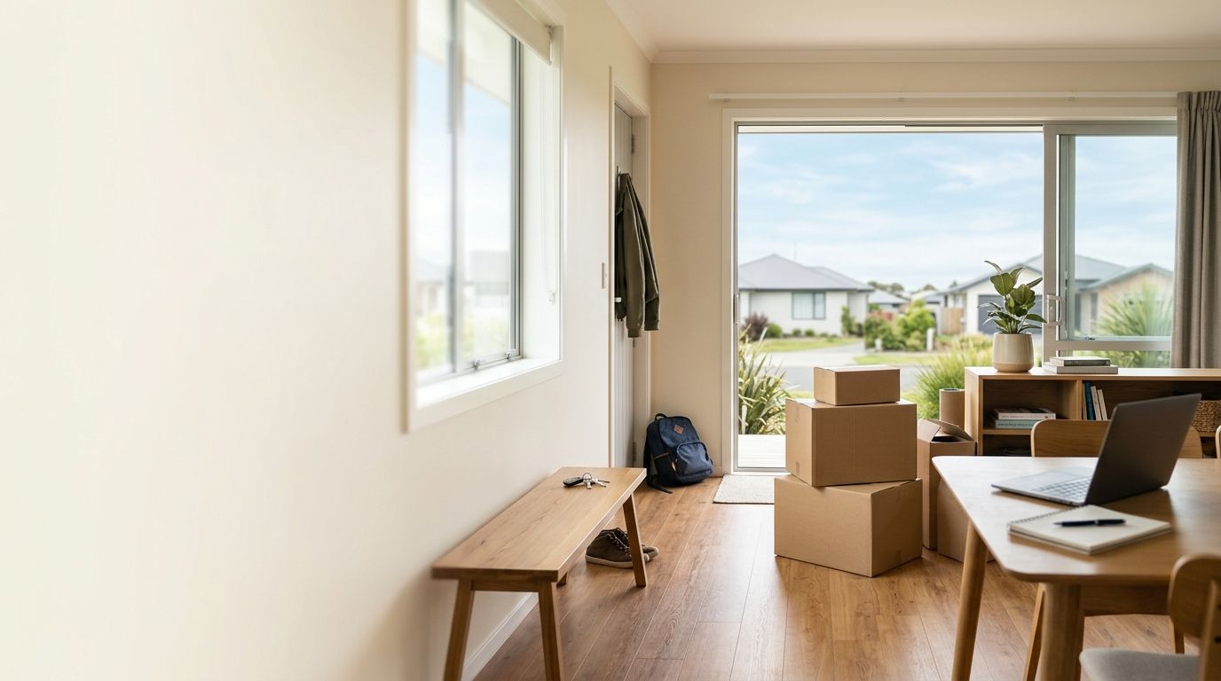 Bright living room with cardboard boxes, a bench, and a table by large windows overlooking a neighborhood.
