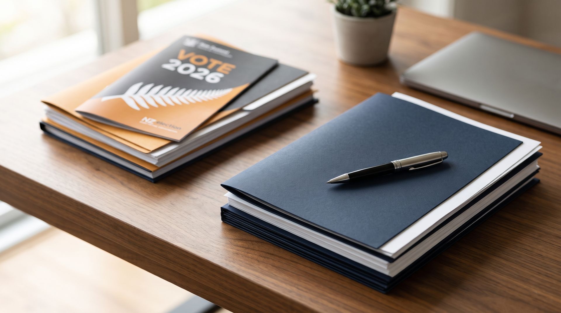 Notebook and pen on a wooden desk beside a stack of brochures.