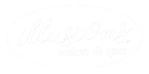 A white logo for illusions salon and spa on a white background.