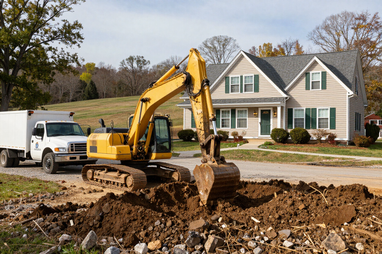 Excavator digging dirt in front of a suburban house with a truck nearby