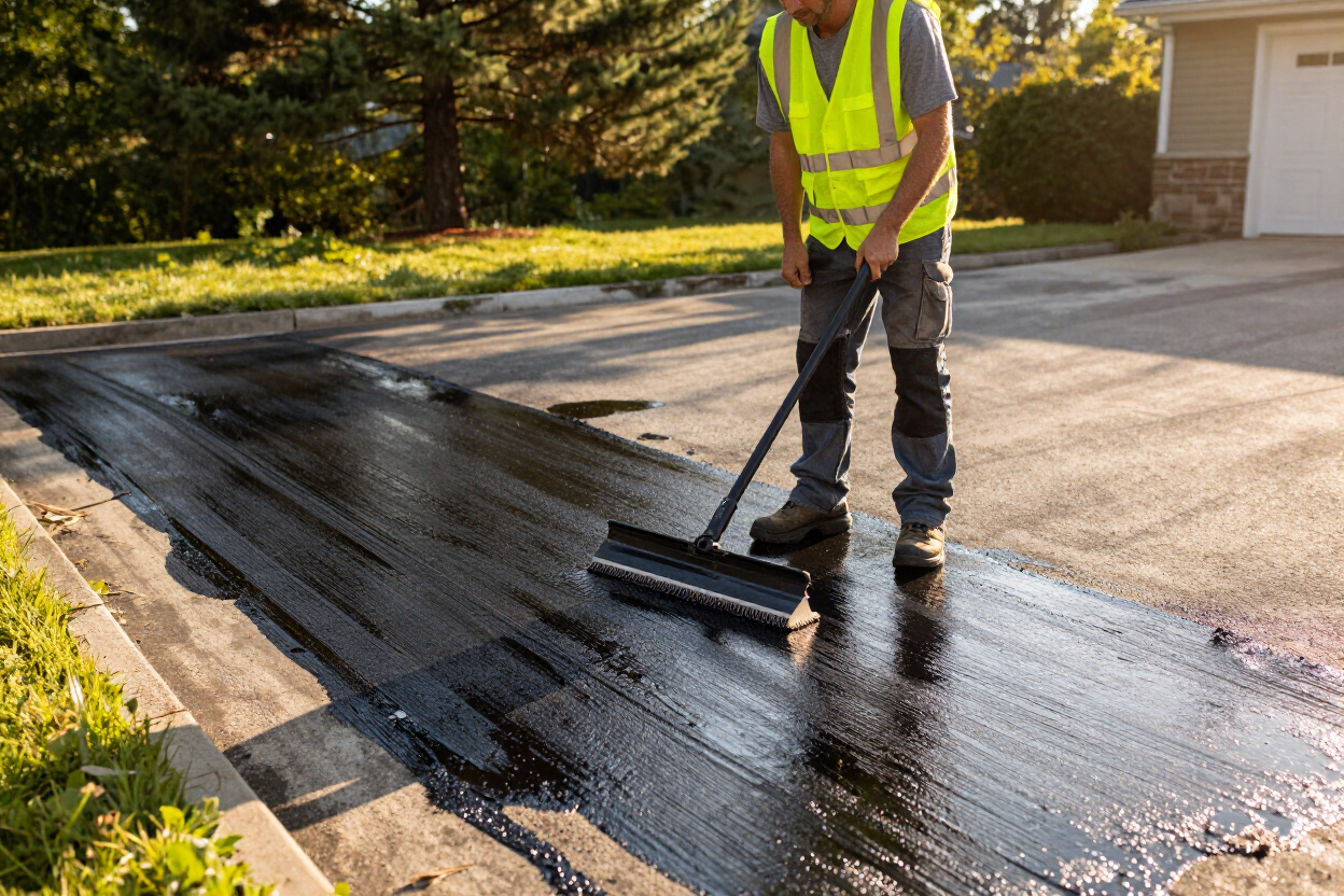 Worker in safety vest spreading black sealant on a driveway with a squeegee