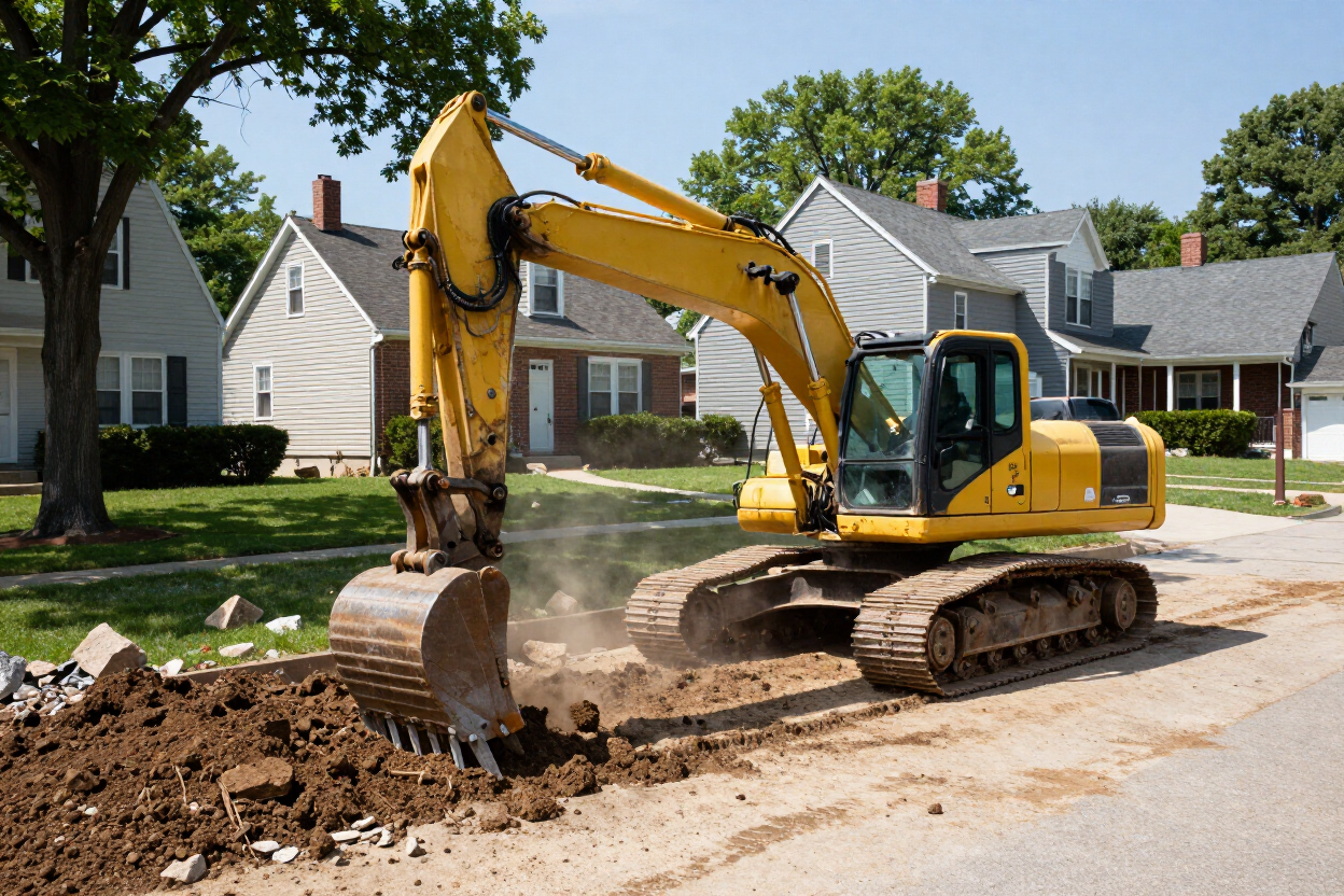 Yellow excavator digging up a residential street, kicking up dust near houses.