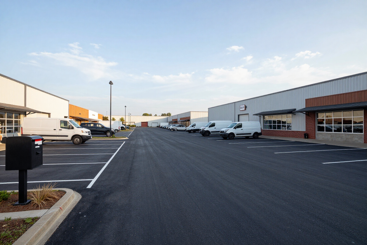 Empty industrial parking lot with parked trucks and warehouses under a clear sky
