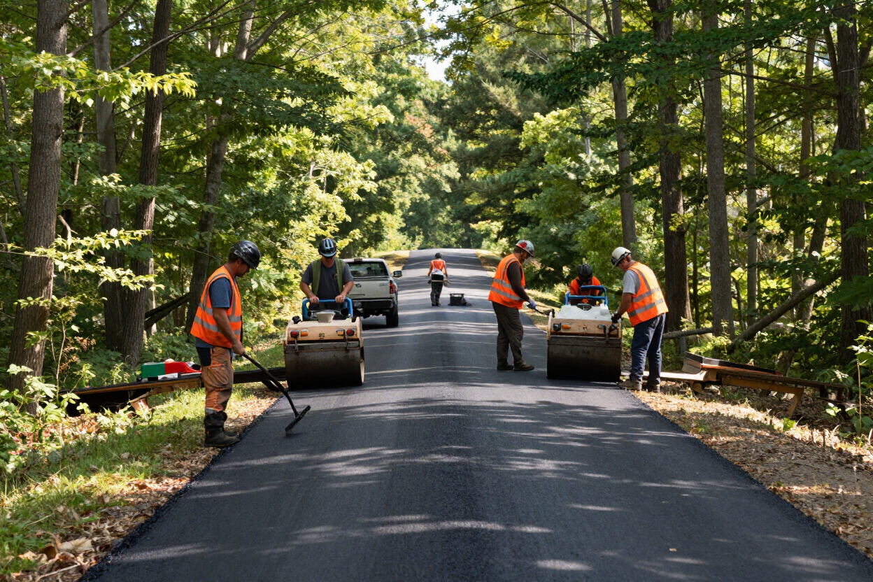 Stanley J Asphalt Paving crew completing a residential driveway job in rural York County, Pennsylvania.