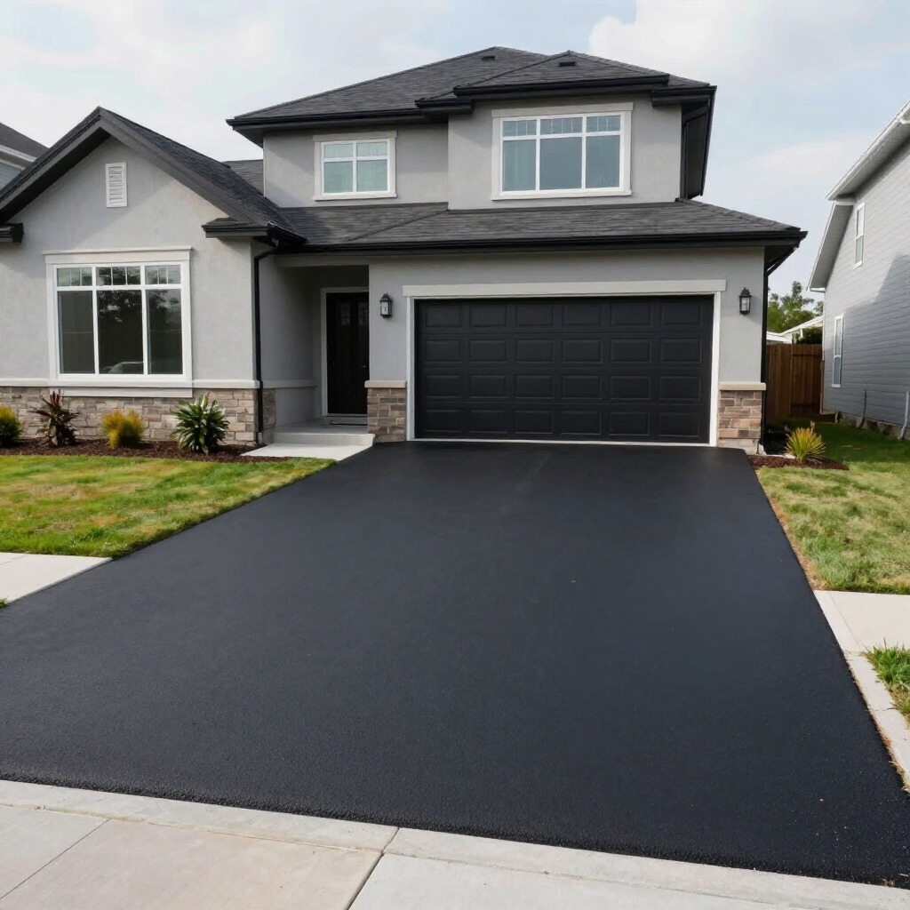 Modern suburban house with a black driveway, gray exterior, and attached two-car garage