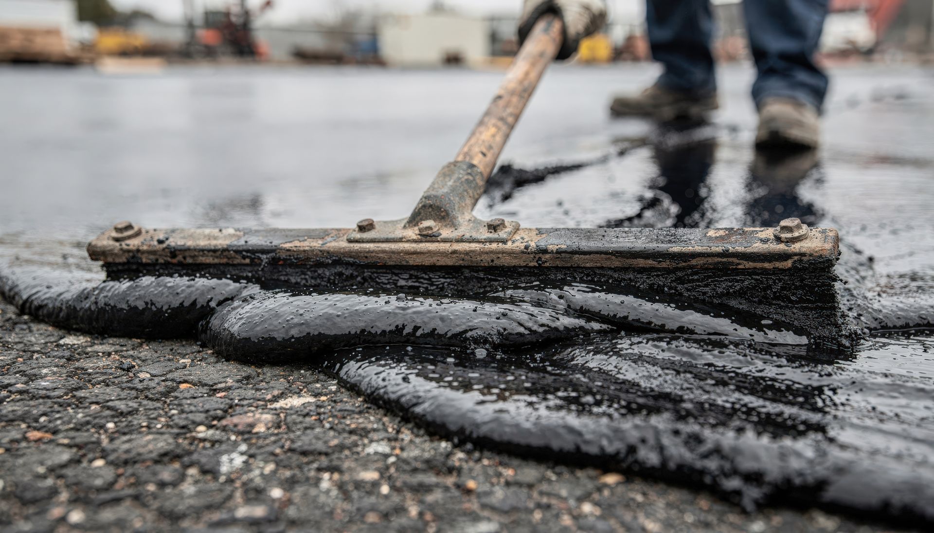 Person sealing cracked asphalt driveway with black coating using a squeegee