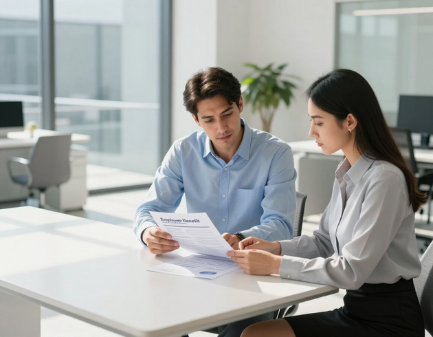Two coworkers reviewing a document together at a bright office table