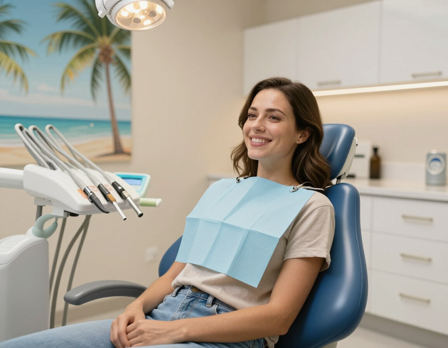 Smiling woman at a dental check-up in a warmly lit Florida dental office